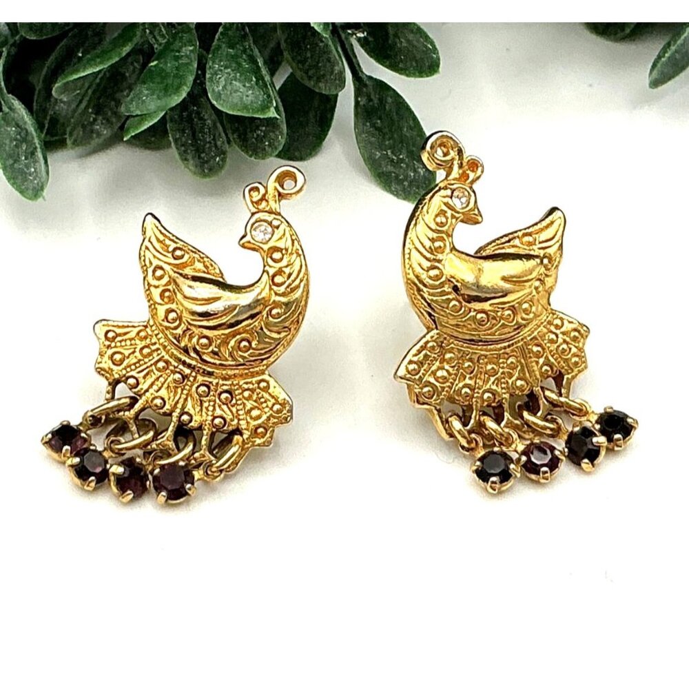 Gold-Tone Peacock Dangling Earrings With Black Beads